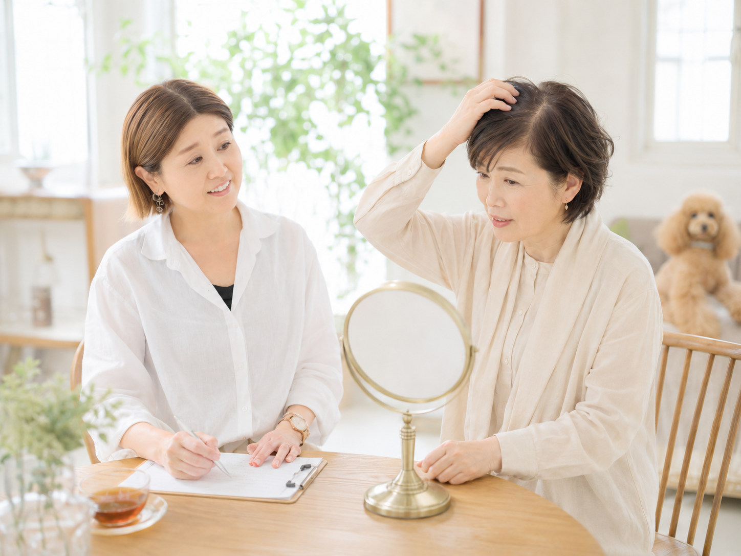 60代女性の髪のお悩みをカウンセリングする坪内久美子